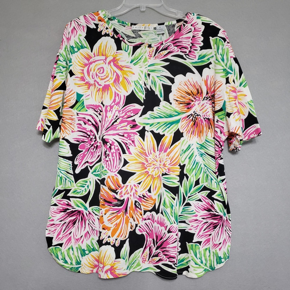 Partners II 2X Tunic Top Black Pink Floral Tropicalcore Short Sleeve Knit Summer